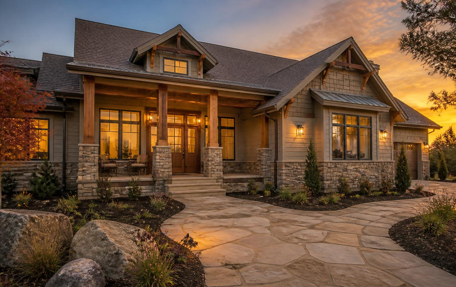 Completed custom home with stone hardscape walkway at golden hour